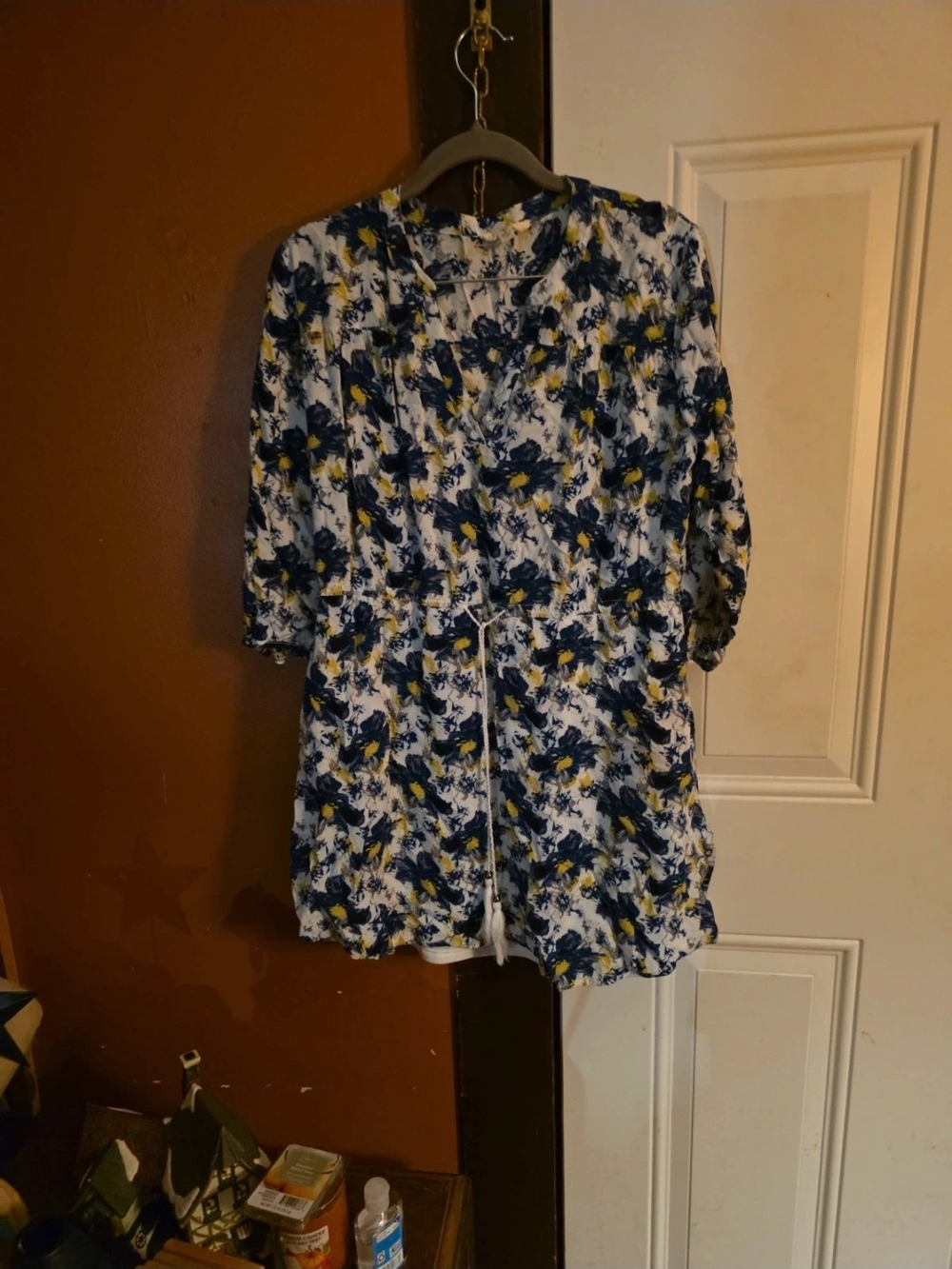 entro Navy and Yellow Floral V-Neck Dress